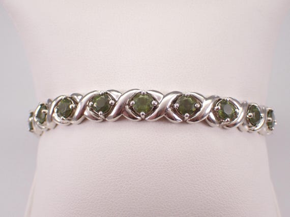 Vintage Sterling Silver Tennis Bracelet - Green Peridot Gemstone Link - Unique Jewelry Gift