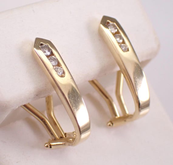 14k Yellow Gold Diamond Half Hoop Earrings - Small Dainty Huggies - Unique Bridal Fine Jewelry Gift