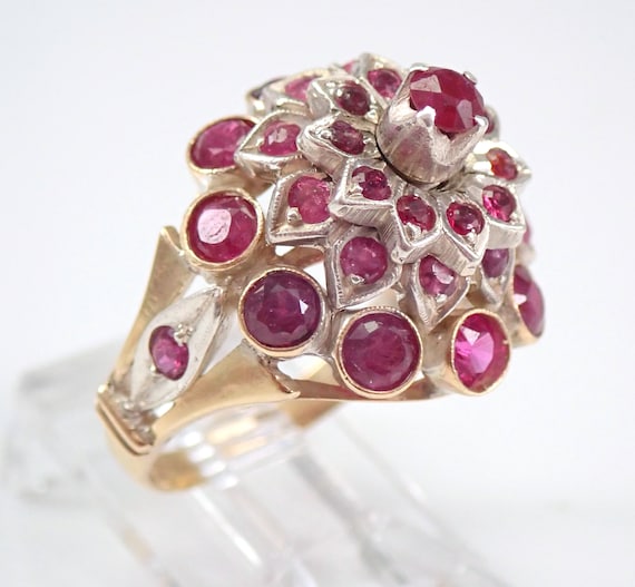 Vintage Thai Princess Harem Ring, Genuine Ruby Cluster Ring, Solid 14K Yellow Gold and Sterling Silver Antique