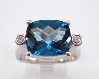 London Blue Topaz and Diamond Ring - 14K White Gold Large Gemstone Band - December Birthstone Past Present Future Jewelry