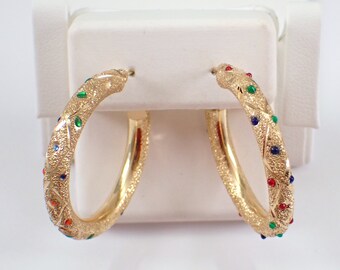 Vintage 14K Yellow Gold Hoop Earrings - Unique Estate Enamel Hoops - GalaxyGems Fine Jewelry Gift