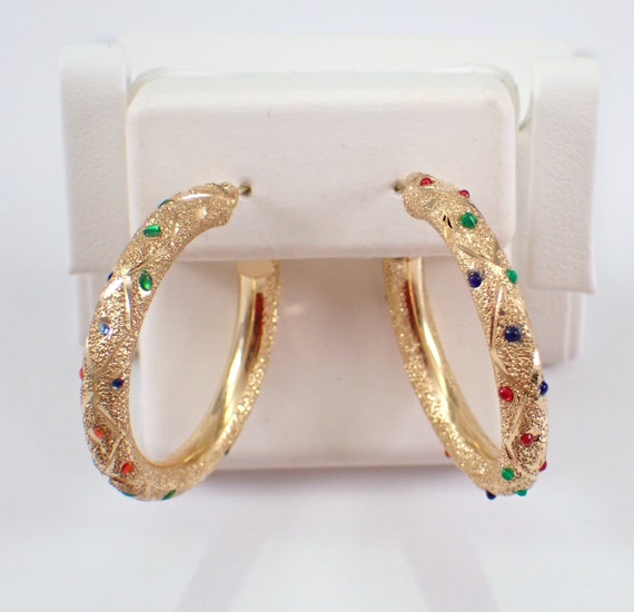 Vintage 14K Yellow Gold Hoop Earrings - Unique Estate Enamel Hoops - GalaxyGems Fine Jewelry Gift