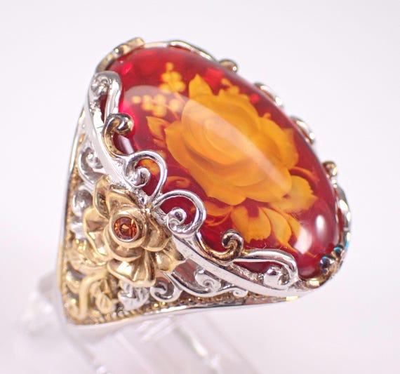 Vintage Sterling Silver Flower Ring, Unique Carved Two Tone Gemstone Setting - Unique Michael Valitutti Jewelry Gift