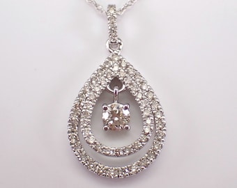 White Gold Teardrop Diamond Pendant and Chain - Cluster Dangle Charm Necklace - Bridal Fine Jewelry Gift