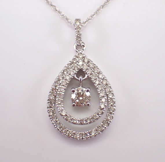 White Gold Teardrop Diamond Pendant and Chain - Cluster Dangle Charm Necklace - Bridal Fine Jewelry Gift