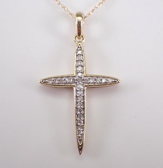 Yellow Gold Diamond Cross Pendant and Chain, Simple Religious Fine Jewelry Charm Necklace