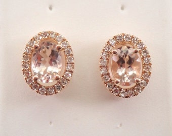 14K Rose Gold 1.85 ct Morganite and Diamond Halo Stud Earrings Pink Aqua Studs