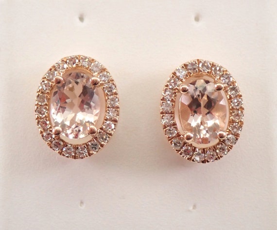 14K Rose Gold 1.85 ct Morganite and Diamond Halo Stud Earrings Pink Aqua Studs