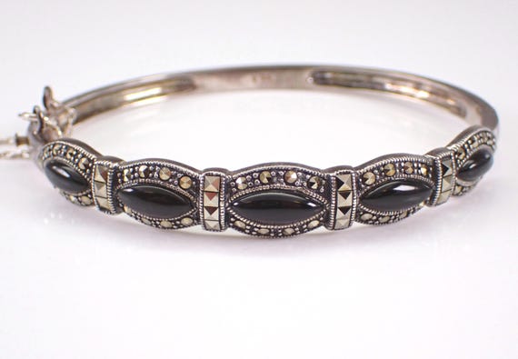 Vintage Sterling Silver Bangle Bracelet: Onyx and Marcasite Cuff