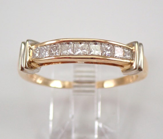 Princess Cut Diamond Wedding Ring, Solid 14k Gold Anniversary Band, Two Toned Bridal Jewelry