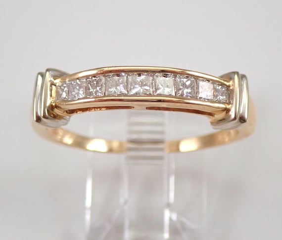 14K Yellow Gold Diamond Wedding Ring, Two Tone Stackable Anniversary Band, Princess Cut Bridal Jewelry Gift