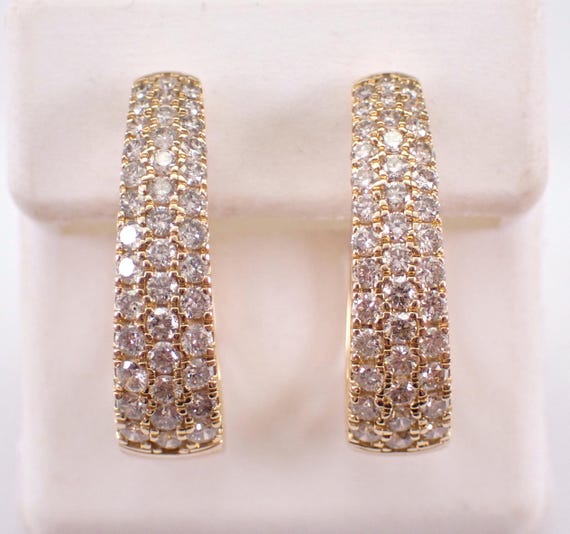 14K Yellow Gold Diamond Hoop Earrings - Tapered Oval Pave Set Huggie Hoops - Unique Fine Jewelry Gift