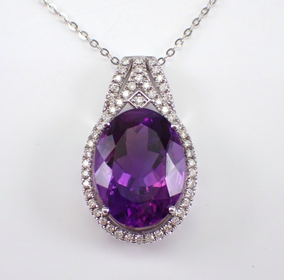 Large Amethyst and Diamond Necklace - 14K White Gold Gemstone Pendant Slide - February Birthstone Jewelry Gift