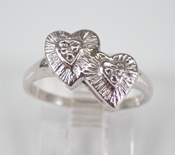 Vintage Diamond Heart Midi Ring - Solid White Gold Double Heart Band - Dainty Estate Pinky Jewelry Gift