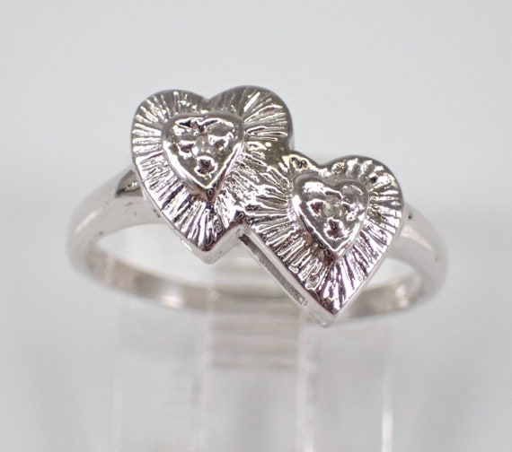 Vintage Diamond Heart Midi Ring - Solid White Gold Double Heart Band - Estate Pinky Ring for Her