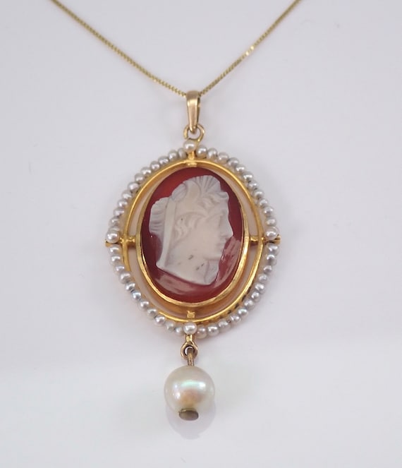 Antique 14K Yellow Gold Cameo Necklace, Edwardian Seed Pearl Victorian Dangle Pendant, Vintage Fine Jewelry Gift