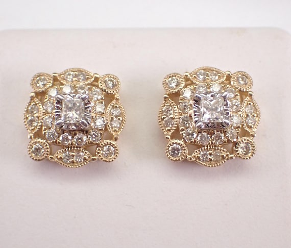 14K Yellow Gold Diamond Stud Earrings: Princess Cut Square Cluster Screwback Studs