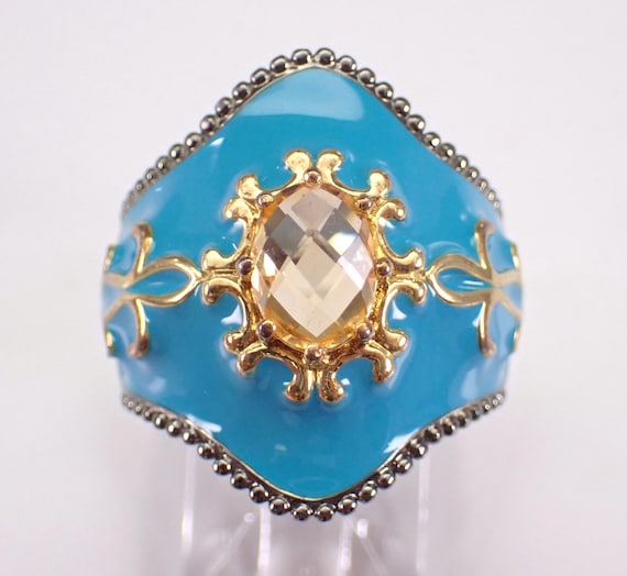 Citrine and Teal Enamel Ring, Vintage Sterling Silver Two Tone Band, Unique Gemstone Fine Jewelry Gift