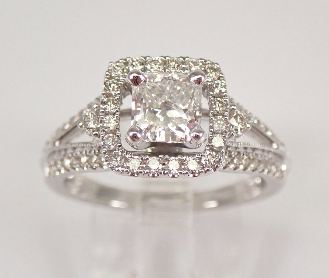 14K White Gold Diamond Engagement Ring - Princess Cut Moissanite Halo ...