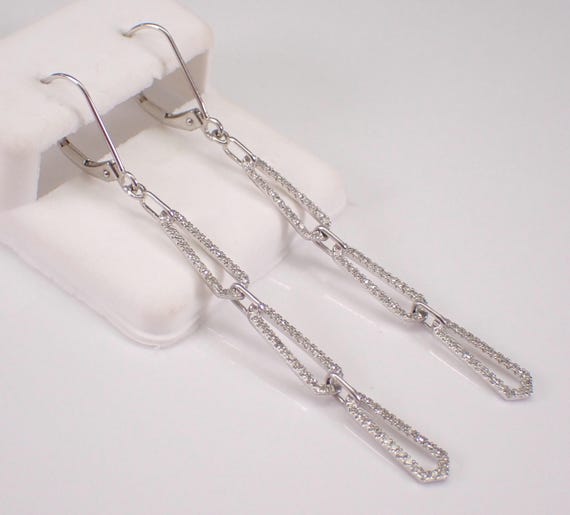 White Gold Diamond Dangle Earrings: Dainty Interlocking Teardrop Drops