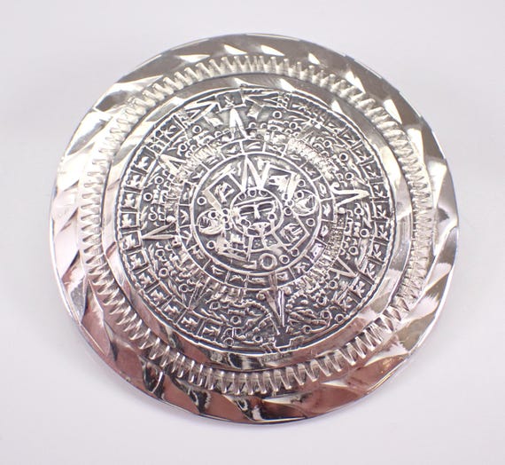 Vintage Sterling Silver AZTEC Calendar Charm Pendant, Estate Large Disk Mayan Calendar Drop for Necklace or Bracelet
