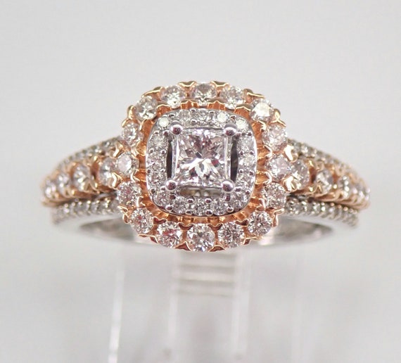 Princess Cut Diamond Engagement Ring - 14K Two Tone Gold Square Halo Bridal Setting - Rose and White Gold Promise Band