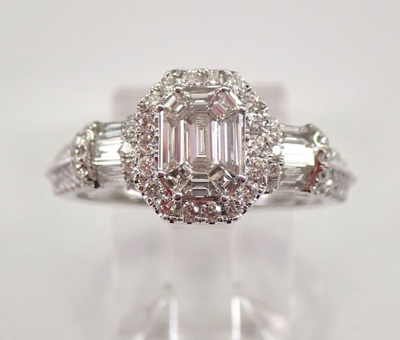 14K White Gold 1.02 ct Emerald Cut Diamond Halo Cluster Engagement Ring Size 7.25