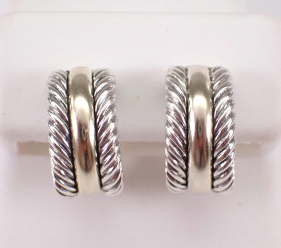 Authentic David Yurman Cable Hoop Earrings - 14K Yellow Gold and Sterling Silver Small Huggies, Two Tone Designer Jewelry
