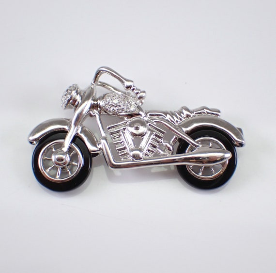 18K White Gold Motorcycle Pendant - Diamond and Onyx Slide Charm - Large Estate Harley Fine Jewelry for Bracelet or Necklace