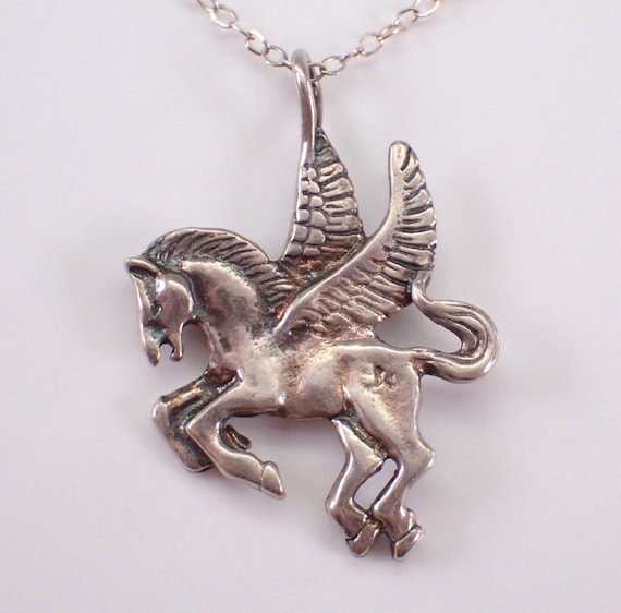 Vintage Sterling Silver Pegasus Necklace, Unique Charm Pendant Chain, Estate Everyday Daily Wear Jewelry Gift