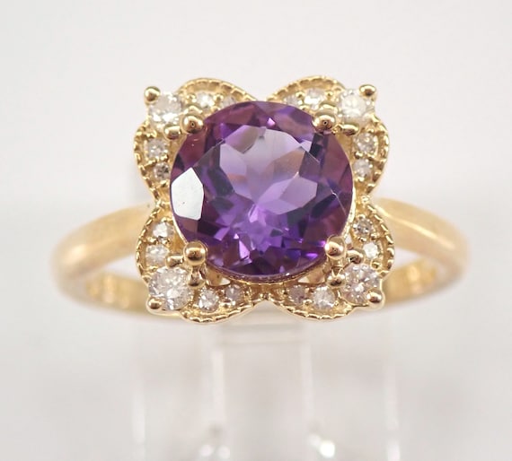 Genuine Amethyst and Diamond Ring - Solid Yellow Gold Halo Setting - Unique Engagement Ring - February Birthstone Gift