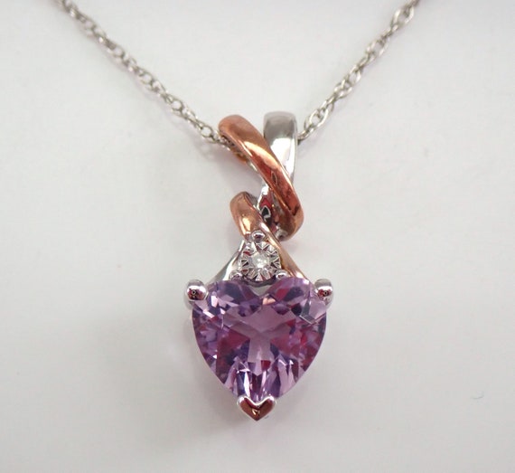 White and Rose Gold Diamond and Heart Amethyst Drop Pendant Necklace 18" Chain LQPN20