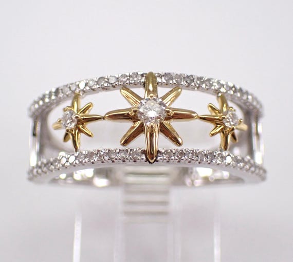 Two Tone Gold Diamond Star Anniversary Band - Unique Stackable Wedding Ring - Bridal Fine Jewelry Gift