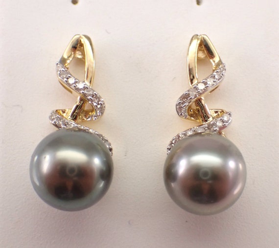 Black Tahitian Pearl and Diamond Earrings - 14K Yellow Gold Fine Jewelry Gift - June Birthstone Gemstone