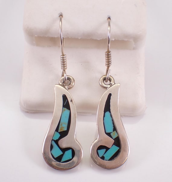 Sterling Silver Turquoise Dangle Earrings - Vintage Enamel Inlay Teardrop Drops on Kidney Wire