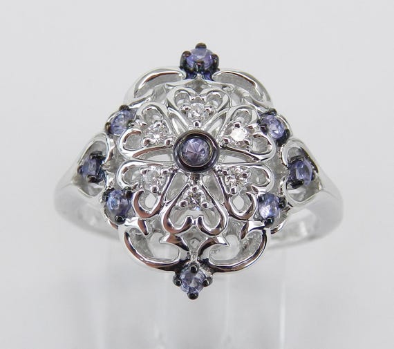 White Gold Tanzanite Ring, Dainty Diamond Filigree Setting, Domed Heart Motif Gemstone Jewelry Gift