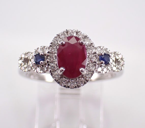 14K White Gold Ruby and Sapphire Ring - Diamond Halo Engagement Setting - Unique Bridal Promise Fine Jewelry Gift
