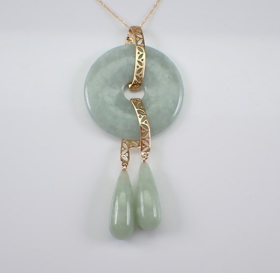 14K Yellow Gold Jade Pendant and Chain - Large Dangle Lariat Necklace - Unique Gemstone Fine Jewelry Gift