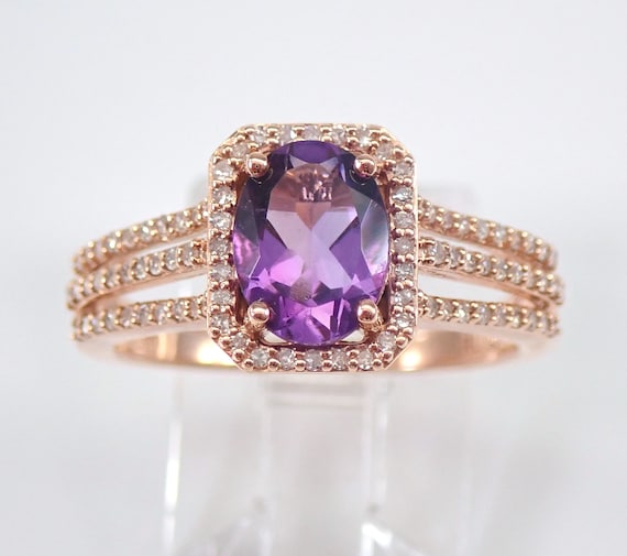 14K Rose Gold Amethyst Engagement Ring - Multi Row Diamond Halo Setting - February Birthstone Jewelry Gift