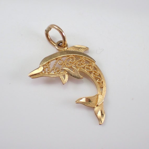 Vintage 14K Yellow Gold Dolphin Charm Pendant - Antique Filigree Dainty Sea Life Charm for Necklace or Bracelet