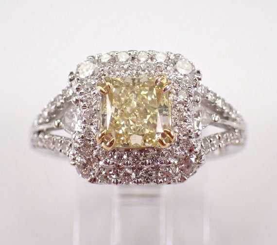 Yellow Canary Diamond Engagement Ring - 18K White Gold Fancy Bridal Jewelry - Unique Radiant Colored Diamond Gift