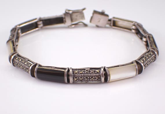 Sterling Silver Onyx and Mother of Pearl Bracelet: Vintage Marcasite Everyday Jewelry Gift