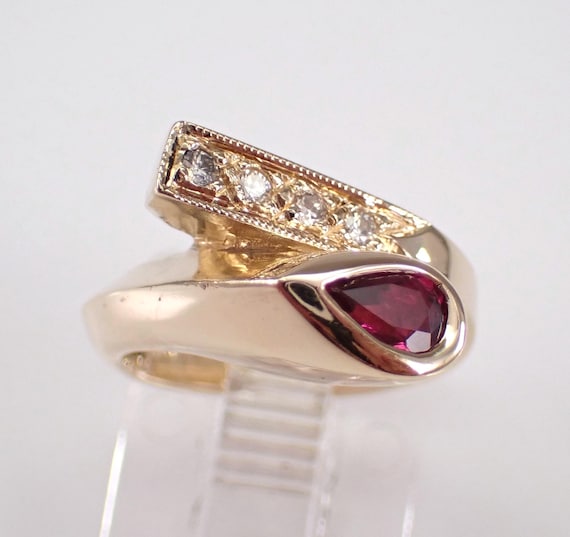 Vintage Ruby and Diamond Pinky Ring - Antique 14K Yellow Gold Gemstone Band - Estate GalaxyGems Fine Jewelry Gift