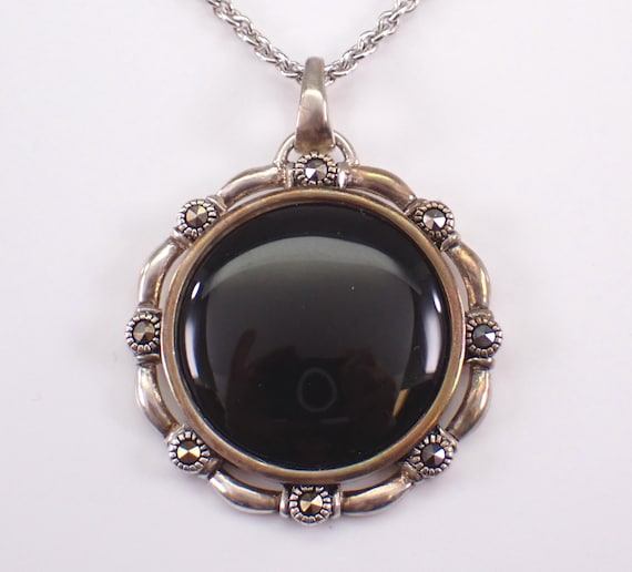 Vintage Sterling Silver Onyx and Marcasite Necklace: Estate Round Pendant Charm and Chain
