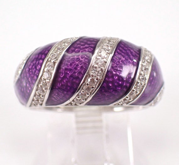 Sterling Silver Purple Enamel Ring - Unique Cubic Zirconia Dome Band - Estate Jewelry Gift
