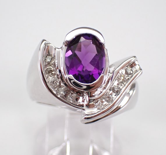 Vintage 14K White Gold Amethyst Ring - Unique Gemstone Abstract Band - Chunky Diamond Setting
