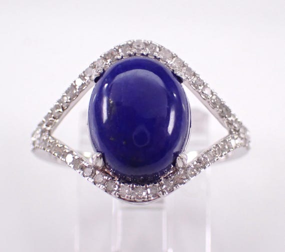 White Gold Lapis Lazuli and Diamond Ring - Bridal Engagement Setting - Blue Gemstone Fine Jewelry Gift