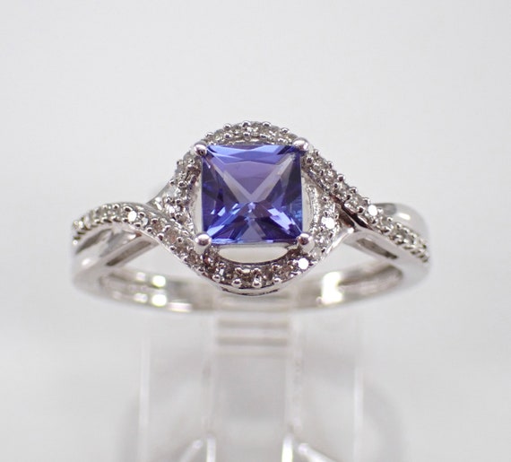 Square Tanzanite and Diamond Ring - White Gold Halo Engagement Setting - December Birthstone Bridal Jewelry Gift