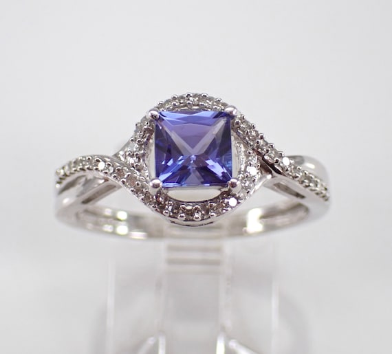 Square Tanzanite and Diamond Ring - White Gold Halo Engagement Setting - December Birthstone Bridal Jewelry Gift