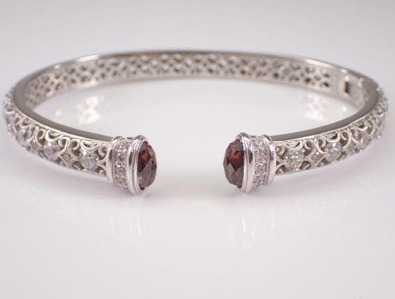 Vintage TACORI Garnet Bangle Bracelet - Estate Sterling Silver Designer Hinged Cuff